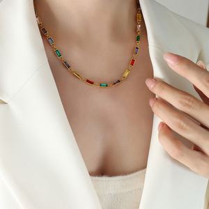Korean Elegant Stainless Steel Zircon Necklace Fashion 14K Solid Gold Rainbow Tennis Necklace <b>Bracelet</b> <b>Set</b> for Women Girls - Product Image 6