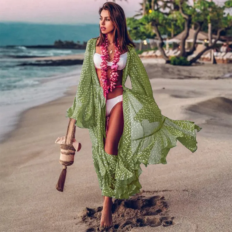 2022 Bohemian Gedrukt Bikini Cover-Ups Elegant Self Belted Kimono Jurk Tuniek Vrouwen Plus Size Beach Wear Badpak Cover up