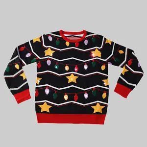 2022 Kustom OEM & ODM Logo Sweater Pria Desain Rajut Akrilik Baru Lucu Kustom Led Menyala Natal Jumper