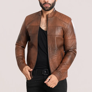 Veste en cuir de mouton vieilli marron pour homme, style motard vintage, respirante et tendance - Product Image 4
