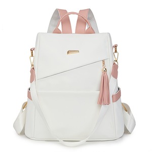 White Minimalist <b>Backpack</b> With Pink Tassel And Detachable Strap Lightweight Multi Functional All Seasons - Product Image 1