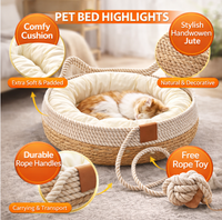 Lit rond de luxe pour chat avec coussin amovible, panier pour animaux de compagnie en osier moderne pour l'intérieur