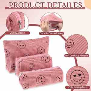 Smiley Face Makeup <b>Bag</b> Cute pink Corduroy 3pcs Toiletry <b>Bags</b> for Women Soft <b>Mini</b> Skincare Organizer - Product Image 4