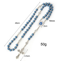 Rosaire Artisanal Bleu de la Vierge Marie, Perles de Verre Nacres 10mm, Chapelet Miraculeux à Cinq Dizaines