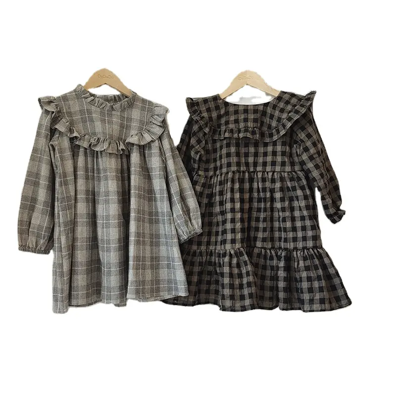 Robes à carreaux à revers à manches longues, vente en gros, Boutique personnalisée, vêtements d'automne pour bébés filles