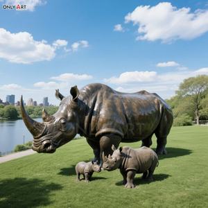 Personalizado al Aire Libre Parque de la ciudad decoración pública moderna grande fundición de bronce Animal escultura tamaño real rinocerontes familia estatua de bronce - Product Image 6