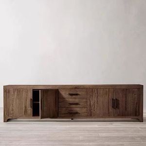 Meuble TV en bois massif de style campagnard américain, en chêne français vintage, avec armoire latérale de salle à manger et tiroirs, personnalisable pour salon - Product Image 6