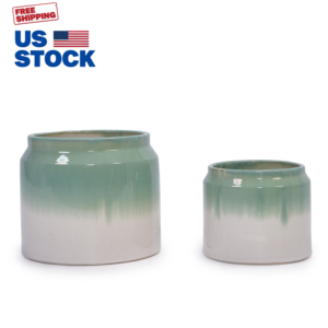 Envío Gratis, Stock en EE. UU., Envío Rápido en 3 Días, Juego de 2 Macetas de Cerámica Hechas a Mano con Esmalte Verde-Blanco, Productos al por Mayor - Product Image 1