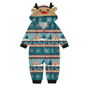 Qy Spot Promoties Hot Sale Kerst Familie Onesie Pyjama Bijpassende Sets Capuchon Rits Kerstpyjama Voor Volwassen Kinderen