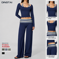 Ensemble de Pilates Dingtai Color Block en tissu brossé pour femme, comprenant un haut rembourré à manches longues et un pantalon large, avec effet ventre plat et évacuation de l'humidité
