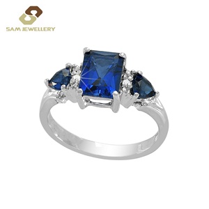 Argento solitario 925 Sterling 3 pietra Asscher taglio grande anello di zaffiro blu anello di fidanzamento per gli uomini - Product Image 4