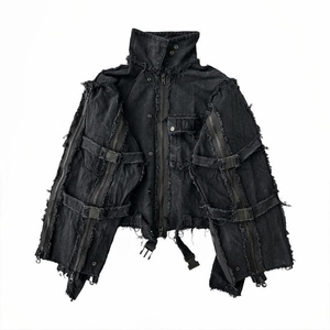 Veste en jean sur mesure, surdimensionnée, noire, à lacets, style vintage, rembourrage en coton, décoration à boutons, veste grande taille, fabricant - Product Image 1