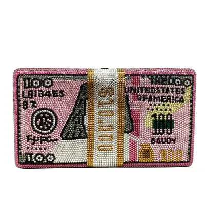 도매 라인 석 USD 달러 블링 디자인 파티 레이디 상자 손 가방 저녁 여성 핸드백 클러치 지갑 돈 가방 지갑