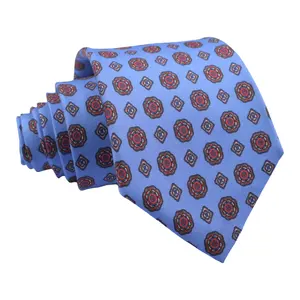 Cravatte da uomo di lusso con stampa geometrica blu in pura seta 7 pieghe