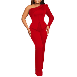 Ensemble deux pièces pour femmes, épaules dénudées, orné de perles, taille plus, couleur noire unie, costume décontracté, style Europe, Amérique, Afrique, tailles S, M, L, XL, XXL, XXXL - Product Image 5