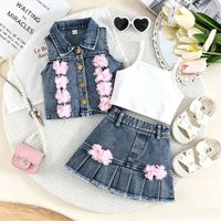 Set Tiga Potong Rompi Denim Tanpa Lengan Motif Bunga dan Rok untuk Ekspor Grosir