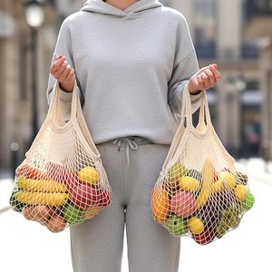 Reusable Cotton Mesh Produce Bags, Beige Washable Grocery <b>Net</b> Tote Bags with Handles, Eco Friendly Organizer - Product Image 5