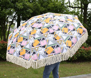 Зонт с бахромой в стиле бохо, большой Портативный пляжный зонтик с деревянной кисточкой и Песковым якорем, из белого хлопка UV50 + 8 ', с логотипом под заказ - Product Image 3