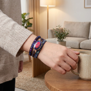 Braccialetti Avvolgenti in Pelle Multistrato BOHO con Pietre Blu e Rosse, Bracciale con Perline, Gioielli Bohemien per Ragazze, Bijoux all'Ingrosso - Product Image 6