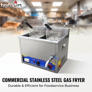 Friteuse à gaz thermostatée professionnelle 20L en acier inoxydable avec panier pour poulet frit, frites et snack-bars - Product Image 1