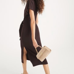 Vestido Midi Marrón con Detalle de Nudo, Manga Corta, Adorno de Volantes, Talla Grande, Cintura Imperio, Formal, Bonito, para Vacaciones, 6XL - Product Image 2