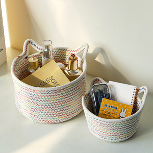 Cesta de almacenamiento de hilo de algodón tejida a mano, forma de orejas de gato, patrón de rayas, sin tapa, para juguetes, cosméticos, aperitivos, uso doméstico - Product Image 3