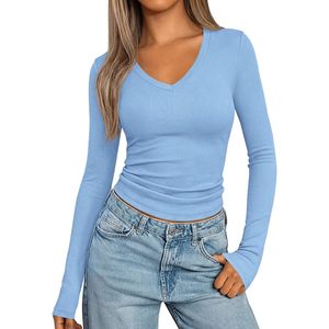 Long Sleeve V Neck Ribbed Top Women Fitted Casual <b>Y2K</b> Knitted <b>Shirt</b> Spandex Cotton Elastic Everyday Wear - Product Image 1