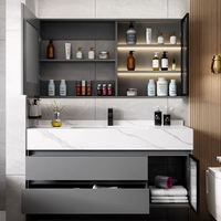 Meuble de salle de bain mural moderne, grand, noir, de style européen et américain, en PVC durable, avec miroir LED et lavabo, pour hôtels et appartements