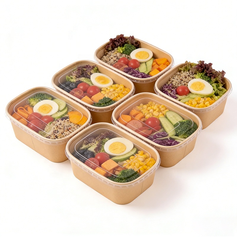 Wholesale Paper Bowl Maker Disposable Takeout Kraft Paper Salad Bowl With Lid 16oz 25oz 33oz 37oz 44oz White Collar Tableware