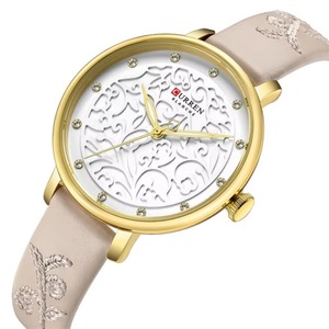 Montre à quartz vintage pour femme, style sport, broderie florale, boîtier en alliage or rose, bracelet en cuir rose, cadran diamanté, élégante pour tenue habillée - Product Image 5