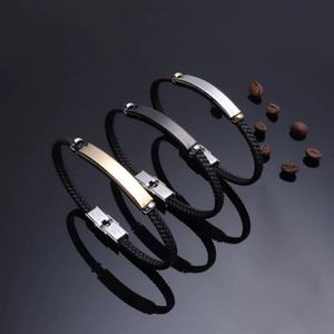 Personalized Logo Name Diy <b>Men</b> Fashion Jewelry Blank Bar Engravable <b>Stainless</b> <b>Steel</b> Braided Leather <b>Bracelet</b> - Product Image 1