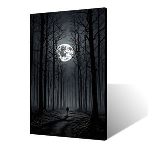 Tableau mural sur toile Forêt Nordique Noir et Blanc - Peinture minimaliste de paysage au clair de lune avec silhouette de voyageur isolé - Product Image 5