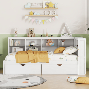 Modernes Massivholz-Doppelbett mit Ausziehbarem Einzelbett, Tagesbett mit Aufbewahrungsregal und USB-Ladeanschlüssen in Weiß - Product Image 2