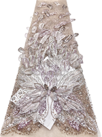 NI.A Dentelle de luxe en filet brodée à la main 3D avec appliques florales, strass, perles et paillettes pour la décoration de traîne de robe de mariée