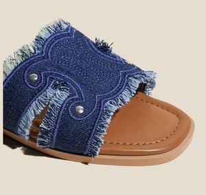 Summer French Style Women's Genuine Leather Denim Flat <b>Slide</b> Sandals Outdoor Half <b>Slippers</b> Casual Mules - Product Image 6