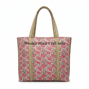 Bolsa de Compras de Algodón Hecha a Mano con Estampado a Bloque Indio, Bolsa de Mano para Mujer, Bolsa de Hombro Acolchada con Estampado a Bloque Hecha a Mano - Product Image 1