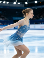 Robe de patinage artistique bleu et blanc dégradé, dos évidé, manches longues en maille, jupe ornée de strass pour enfants et adultes, compétition et performance