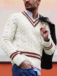 Winter Solid Color V Neck Custom <strong>Men</strong> <strong>Cable</strong> <strong>Chunky</strong> <strong>Knit</strong> Pullover Sweater <strong>Jumper</strong> for <strong>Men</strong> - Product Image 4