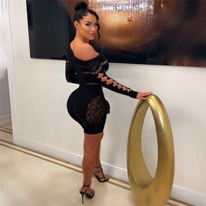 Lace Hollowing Mesh See Through Midnight Playsuits Femmes Sexy Inclined Shoulder Long Sleeve Patchwork Skinny Rompers Club - Product Image 5