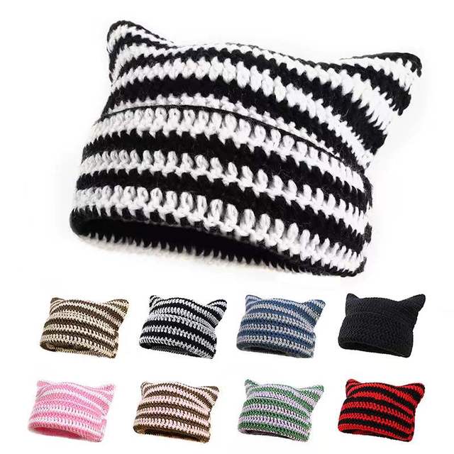 Beanie Slouchy Knitted Hat With Customizable Size LOGO Cute Cat Ear Warm Super Soft Striped Women Winter Dobby Unisex