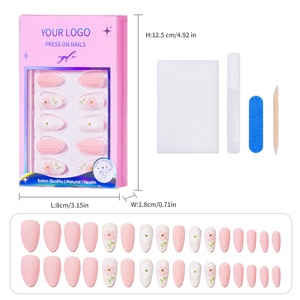 Uñas Postizas Elegantes de Color Rosa con Diseño Floral en Relieve 3D, Forma Almendrada Corta, 32 Piezas para Manicura - Product Image 1