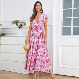 Robe longue florale ample et tendance pour femme, style européen et américain, col en V, à volants, pour l'été - Product Image 4