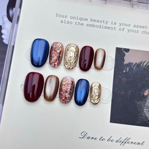 <span class=keywords><strong>Faux</strong></span> <span class=keywords><strong>ongles</strong></span> de luxe rouges avec motif feuille <span class=keywords><strong>d</strong></span>'<span class=keywords><strong>or</strong></span>, faits à la main, de haute qualité, à presser, avec effet œil de chat - Product Image 2