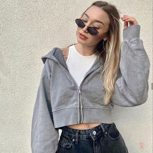 Top corto de algodón 100% lavado Vintage para mujer, Sudadera con capucha recortada de gran tamaño con cremallera en la parte delantera, patrón de letras, informal, primavera femenina - Product Image 2