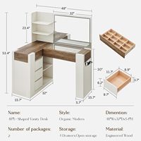Bureau de toilette en L blanc avec plateau en verre, tiroir et miroir LED, station de charge intégrée et armoire de rangement pour la vente en gros