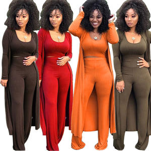 Mantel panjang polos kasual trendi, Jumpsuit Ribbed rajut <span class=keywords><strong>3</strong></span> potong pakaian wanita ukuran besar jatuh 2024 - Product Image 2