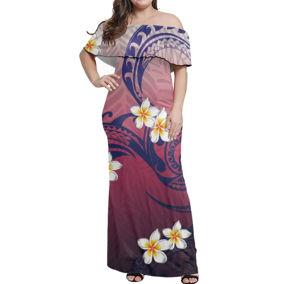 Anpassbare Großhandel Günstige Casual Frauen Kleid Polyester Polynesian Tongan Design Off Shoulder Elegante Kurzarm Maxi kleid