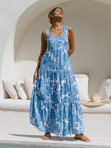 Robe longue d'été sans bretelles avec imprimé et laçage, coupe trapèze respirante pour les occasions festives - Product Image 2