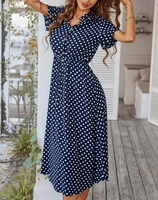 Dress kancing depan tali serut wanita, Cetak