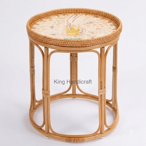 Eco-Friendly Handmade <b>Round</b> Rattan Coffee <b>Table</b> Mother of Pearl Inlay Modern Minimalist <b>Bedside</b> End <b>Table</b> for Living Room - Product Image 3